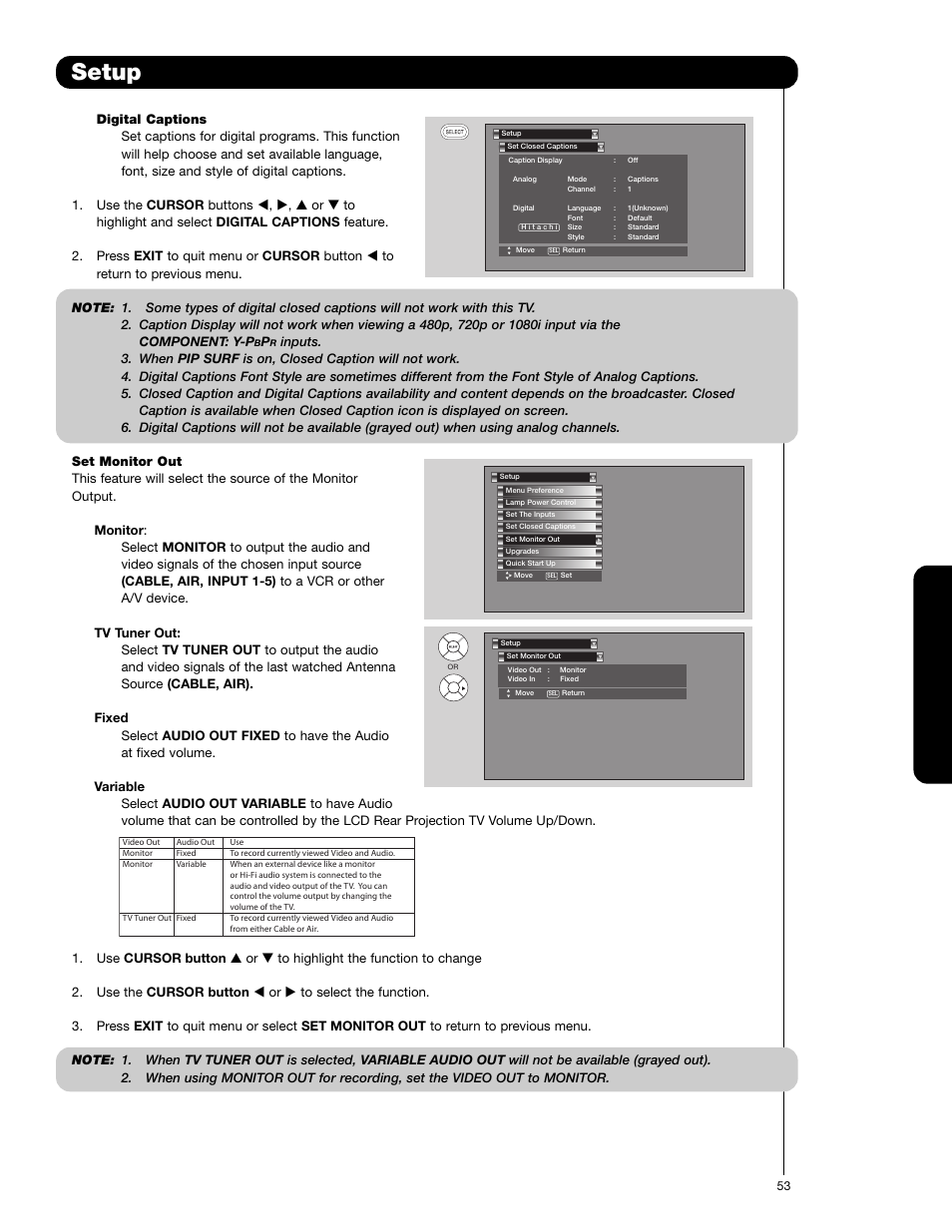 Setup, On-sc reen display | Hitachi 62VS69 User Manual | Page 53 / 72