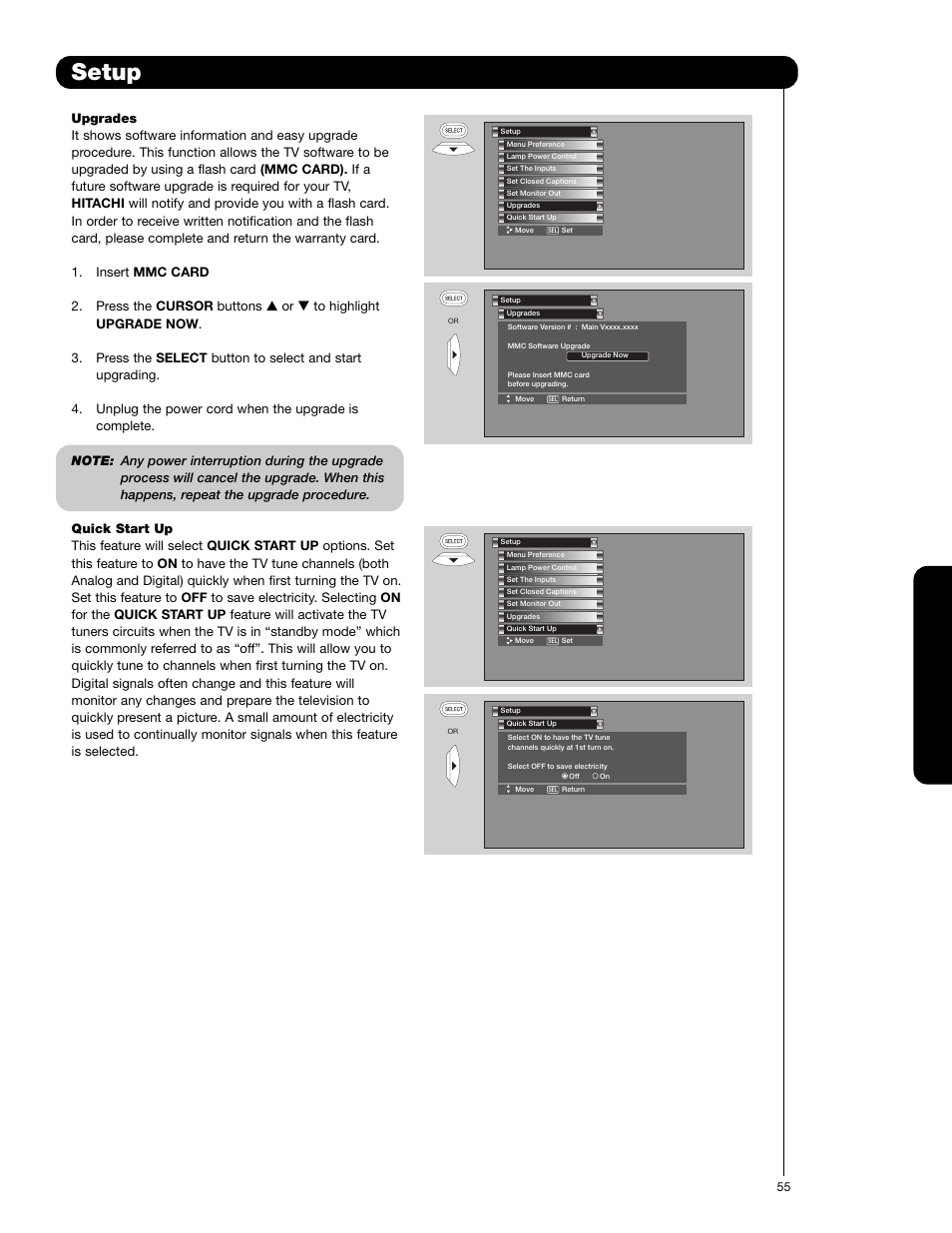 Setup, On-sc reen display | Hitachi 62VS69 User Manual | Page 55 / 72