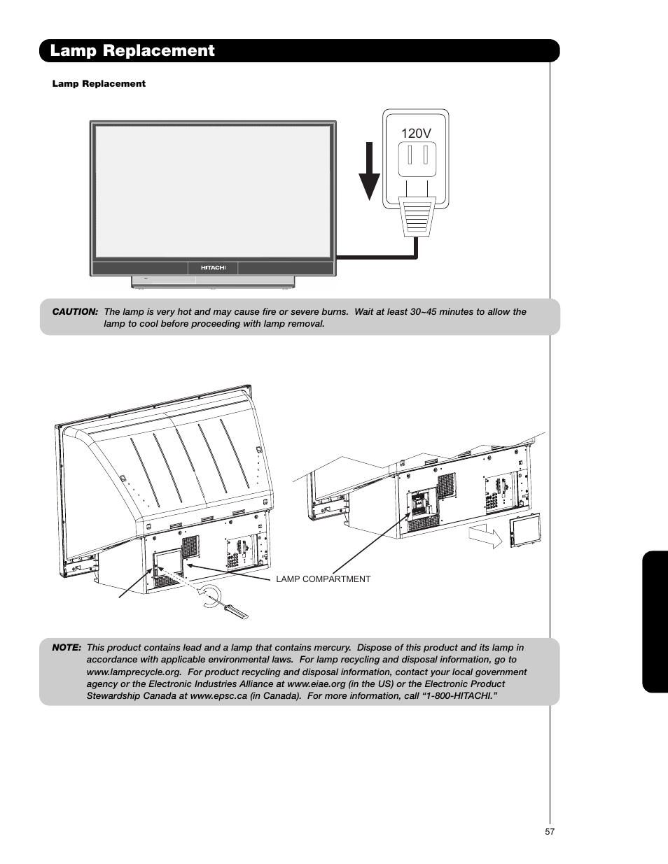 Lamp replacement, 120v | Hitachi 62VS69 User Manual | Page 57 / 72