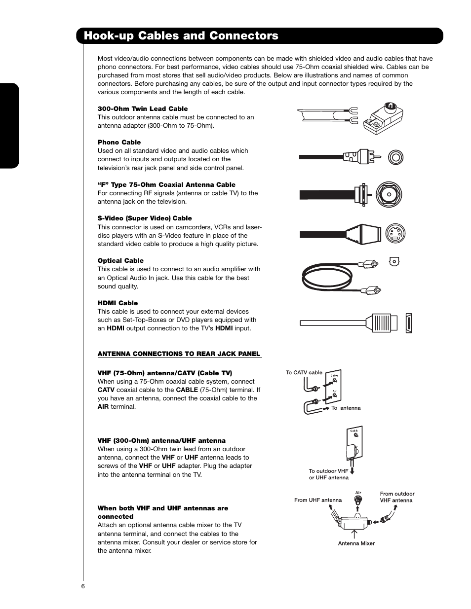 Hook-up cables and connectors, First time use | Hitachi 62VS69 User Manual | Page 6 / 72