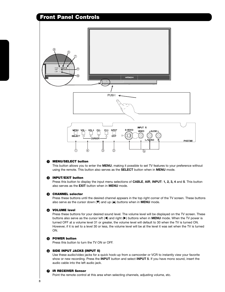 Front panel controls, First time use | Hitachi 62VS69 User Manual | Page 8 / 72