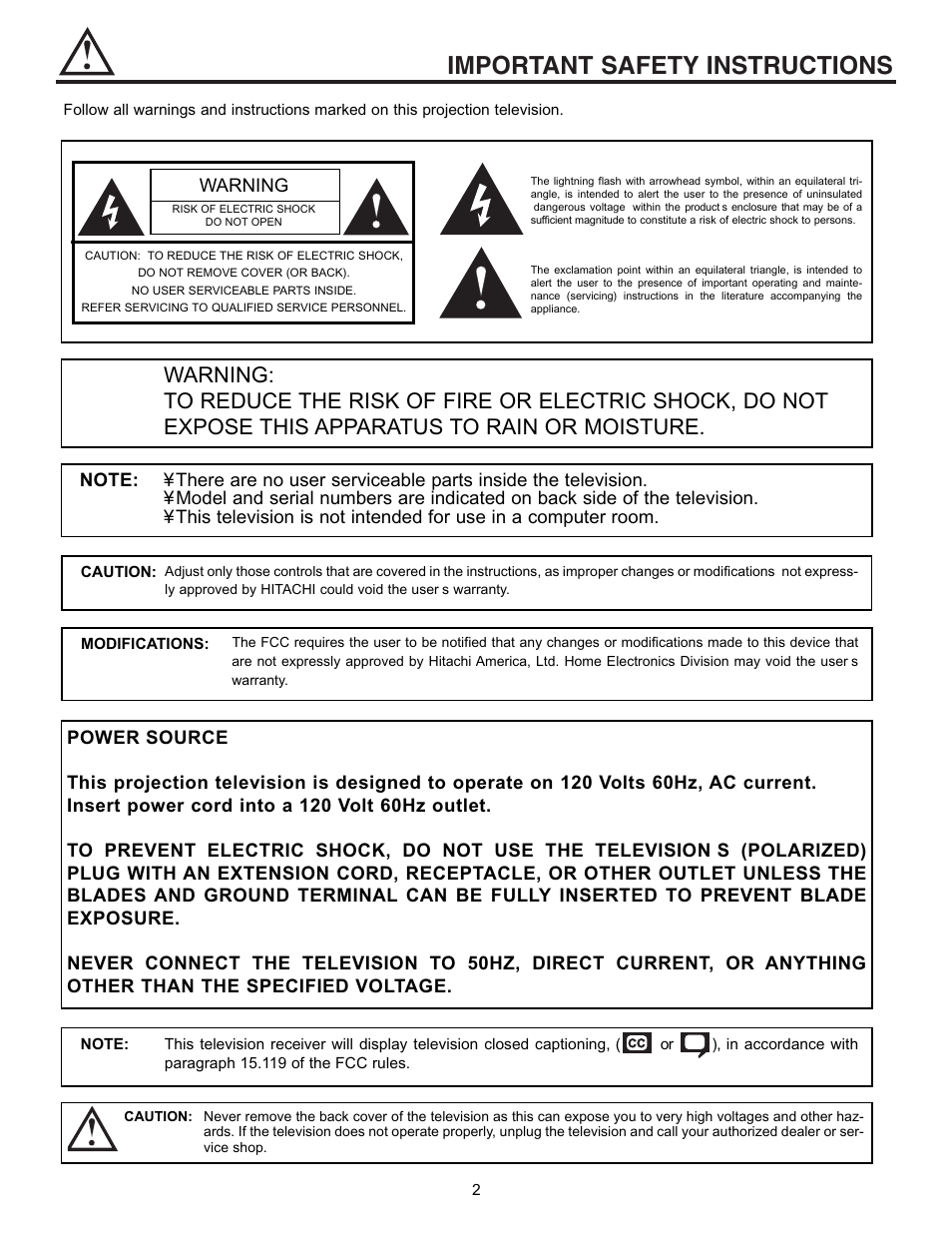 Important safety instructions, Warning | Hitachi 43GX10B  EN User Manual | Page 2 / 60