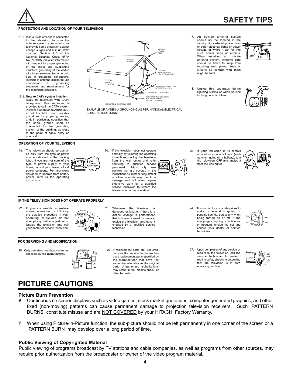Safety tips, Picture cautions | Hitachi 43GX10B  EN User Manual | Page 4 / 60