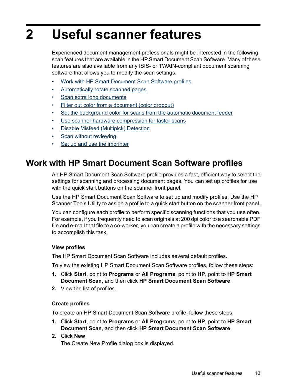 Useful scanner features, Work with hp smart document scan software profiles, 2 useful scanner features | 2useful scanner features | Hitachi SCANJET N9120 User Manual | Page 15 / 48