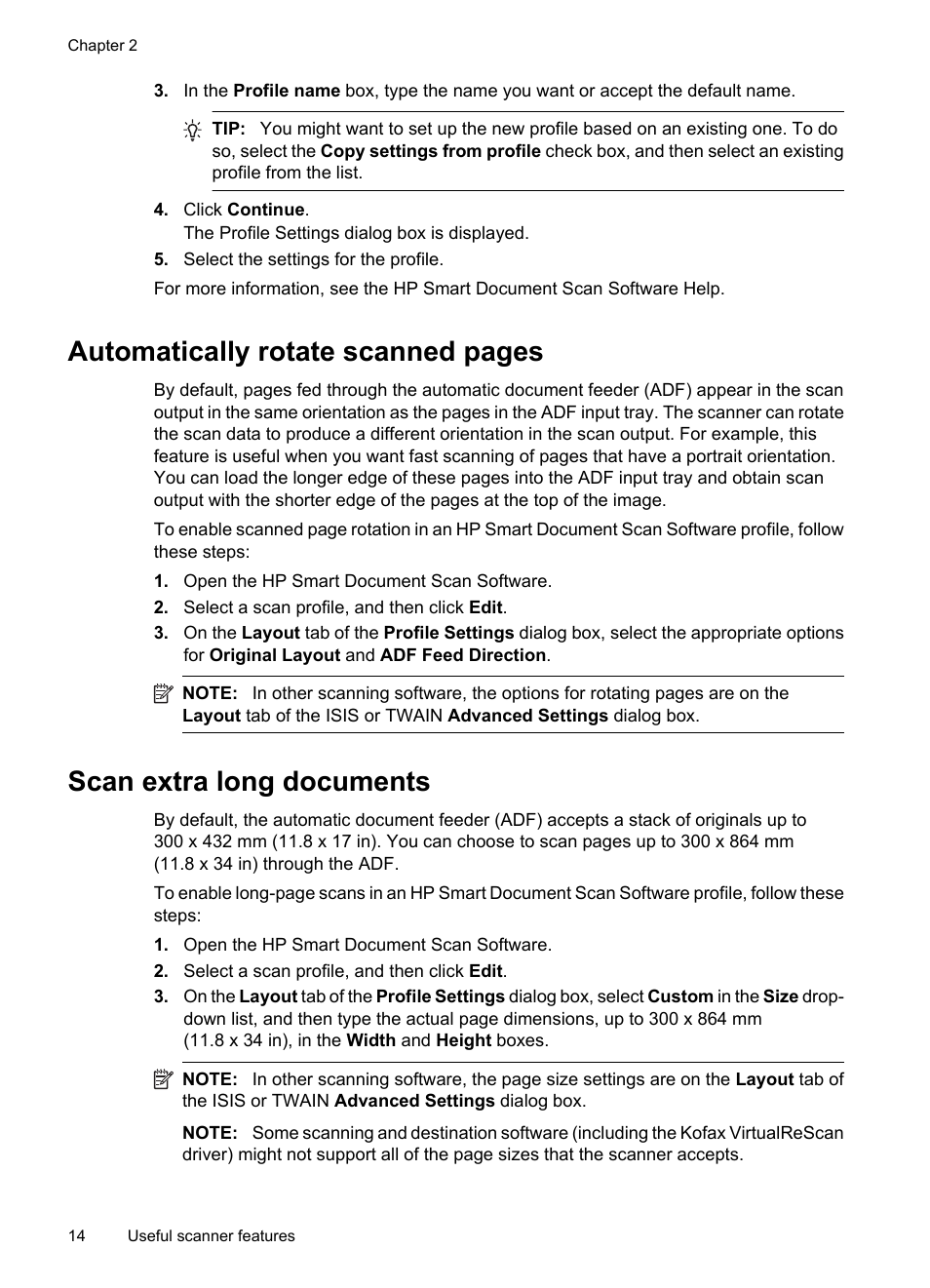 Scan extra long documents, Automatically rotate scanned pages | Hitachi SCANJET N9120 User Manual | Page 16 / 48