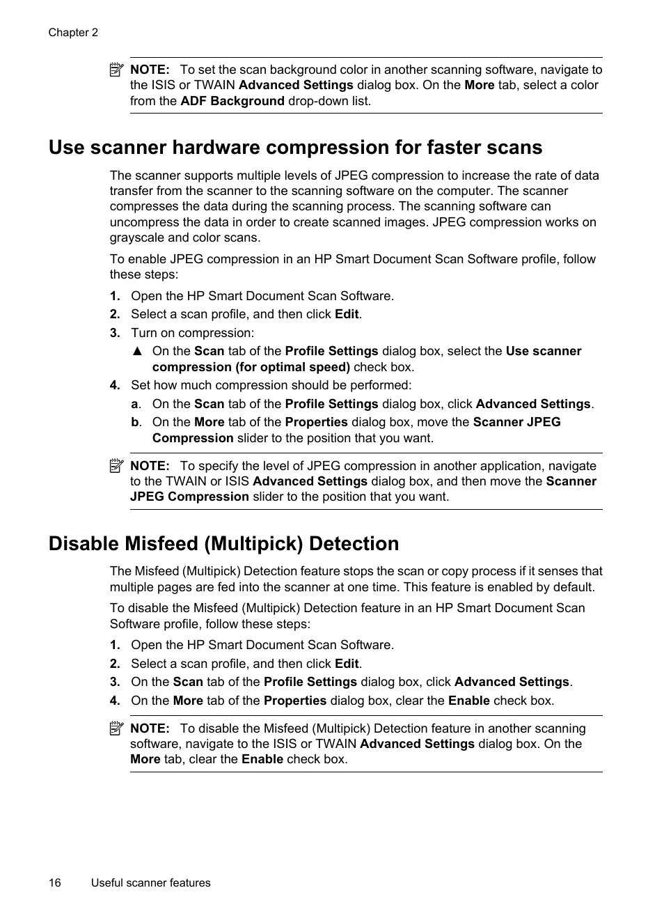 Use scanner hardware compression for faster scans, Disable misfeed (multipick) detection | Hitachi SCANJET N9120 User Manual | Page 18 / 48