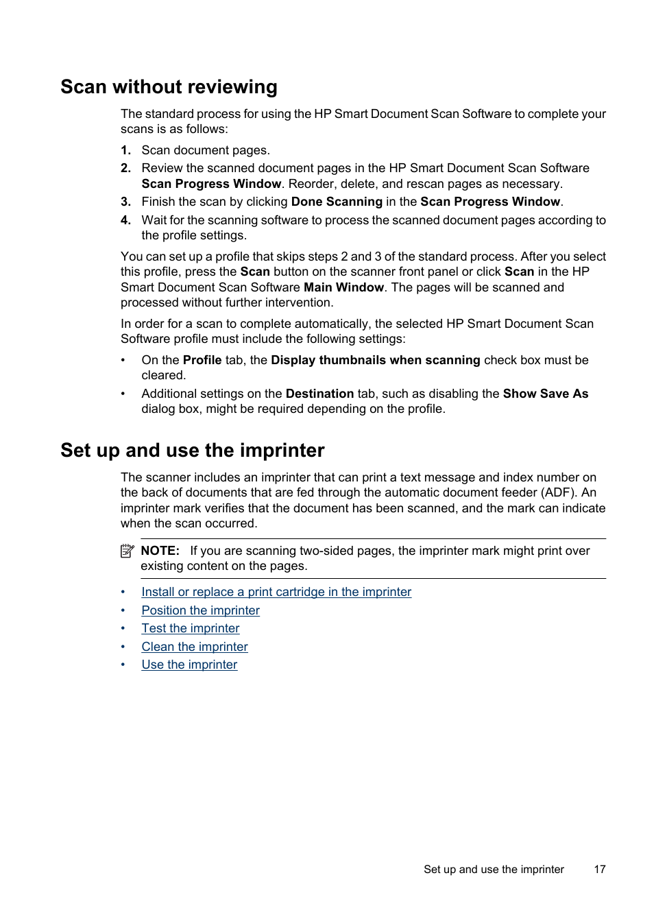 Scan without reviewing, Set up and use the imprinter | Hitachi SCANJET N9120 User Manual | Page 19 / 48