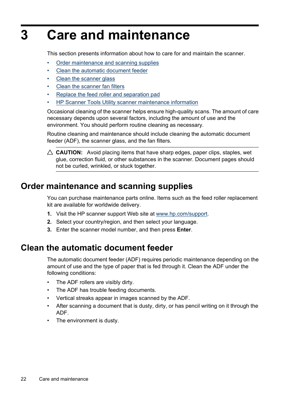 Care and maintenance, Order maintenance and scanning supplies, Clean the automatic document feeder | 3 care and maintenance, 3care and maintenance | Hitachi SCANJET N9120 User Manual | Page 24 / 48