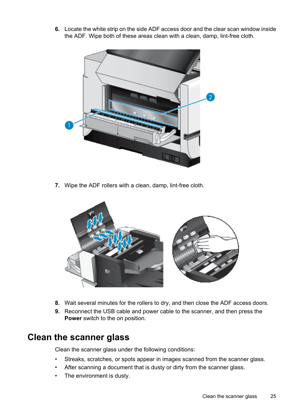 Clean the scanner glass | Hitachi SCANJET N9120 User Manual | Page 27 / 48