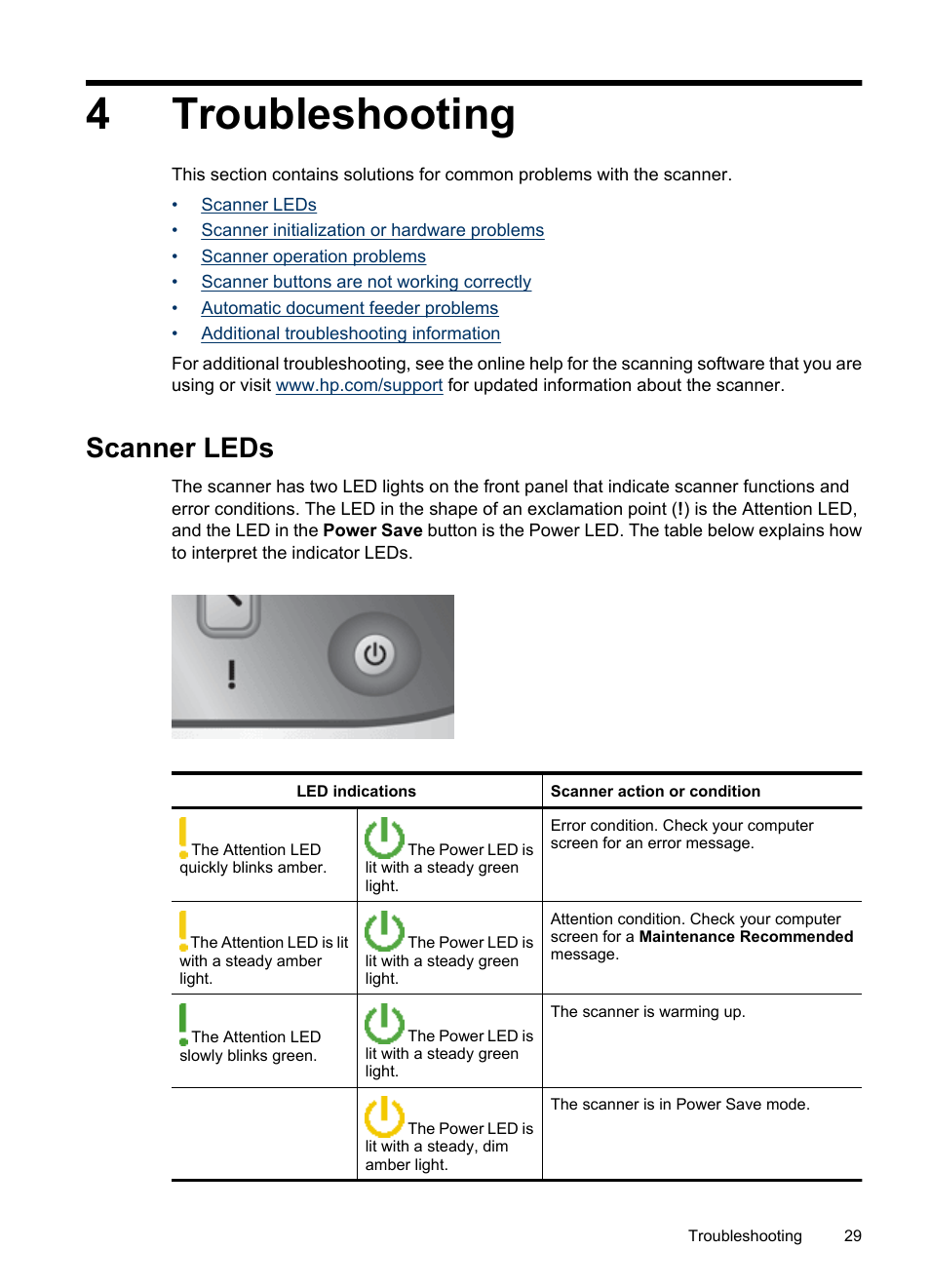 Troubleshooting, Scanner leds, 4 troubleshooting | 4troubleshooting | Hitachi SCANJET N9120 User Manual | Page 31 / 48