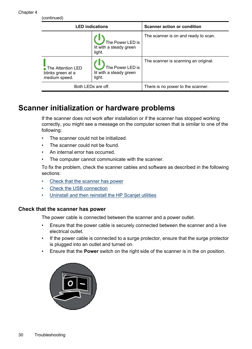 Scanner initialization or hardware problems, Check that the scanner has power | Hitachi SCANJET N9120 User Manual | Page 32 / 48