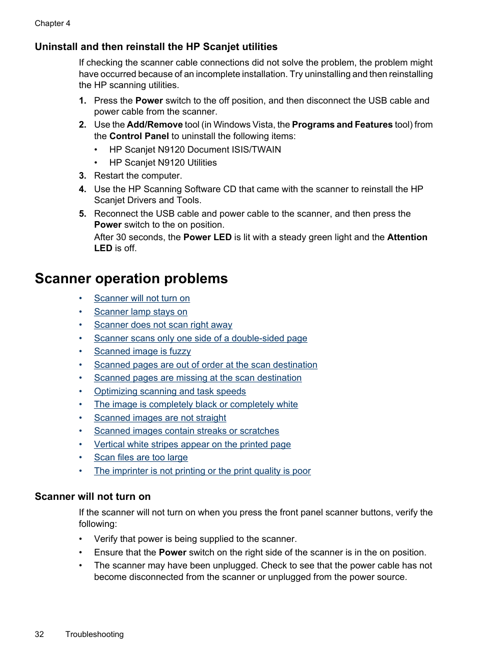 Scanner operation problems, Scanner will not turn on | Hitachi SCANJET N9120 User Manual | Page 34 / 48