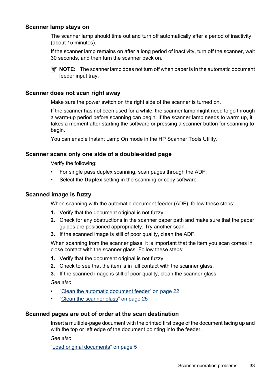 Scanner lamp stays on, Scanner does not scan right away, Scanned image is fuzzy | Hitachi SCANJET N9120 User Manual | Page 35 / 48