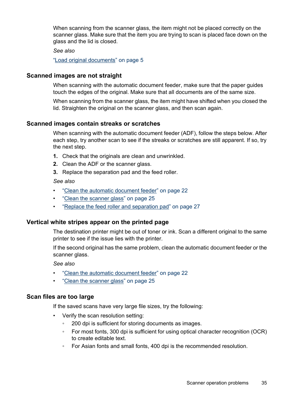 Scanned images are not straight, Scanned images contain streaks or scratches, Scan files are too large | Hitachi SCANJET N9120 User Manual | Page 37 / 48