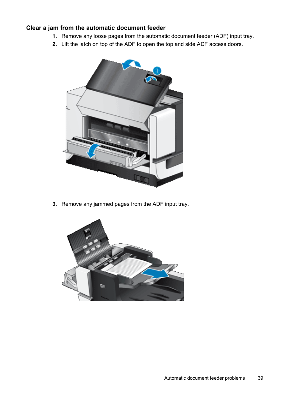 Clear a jam from the automatic document feeder | Hitachi SCANJET N9120 User Manual | Page 41 / 48