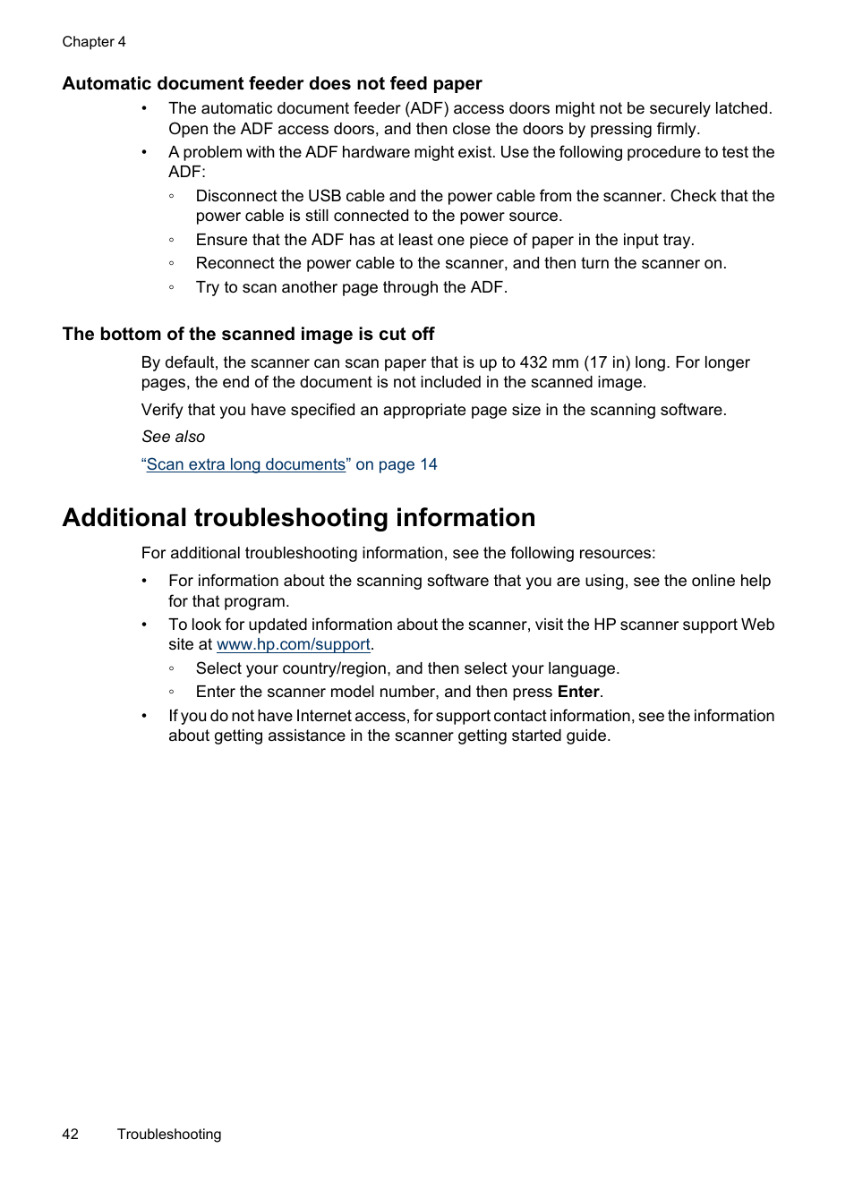 Automatic document feeder does not feed paper, The bottom of the scanned image is cut off, Additional troubleshooting information | Hitachi SCANJET N9120 User Manual | Page 44 / 48