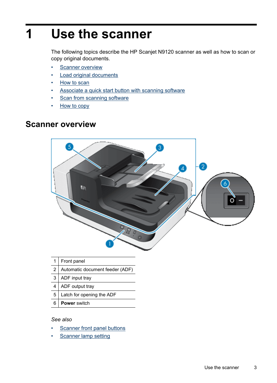 Use the scanner, Scanner overview, 1 use the scanner | Scanner front panel buttons scanner lamp setting, 1use the scanner | Hitachi SCANJET N9120 User Manual | Page 5 / 48