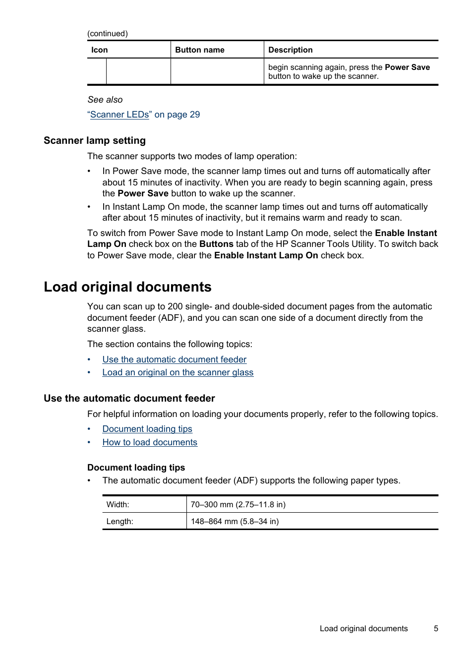 Scanner lamp setting, Load original documents, Use the automatic document feeder | Document loading tips, Document loading tips how to load documents, Load an original on the scanner glass | Hitachi SCANJET N9120 User Manual | Page 7 / 48