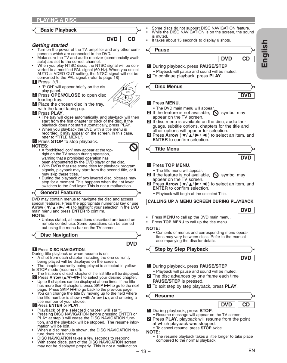 English, Cd dvd | Hitachi DVP335E User Manual | Page 13 / 22
