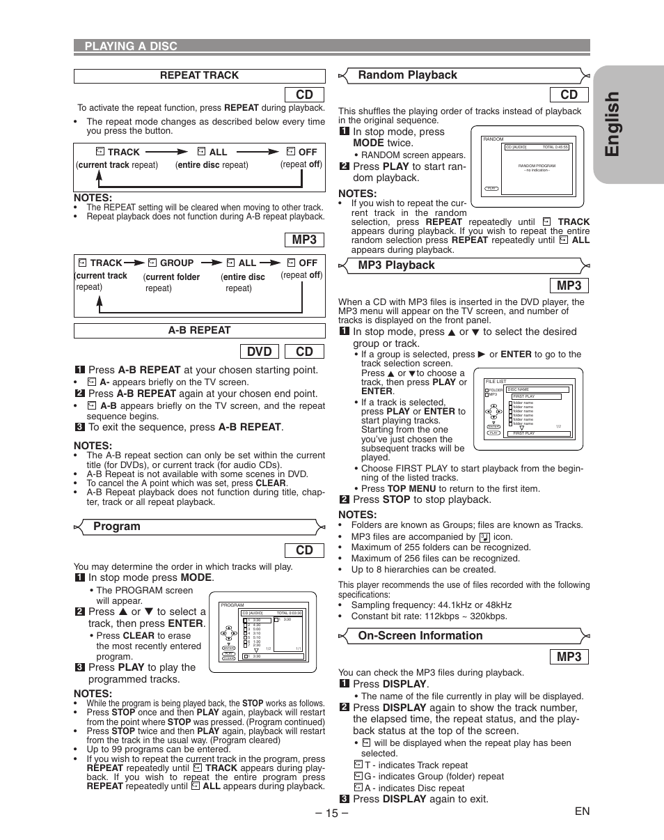 English, Cd dvd, On-screen information | Mp3 playback, Program – 15, Playing a disc, Random playback | Hitachi DVP335E User Manual | Page 15 / 22