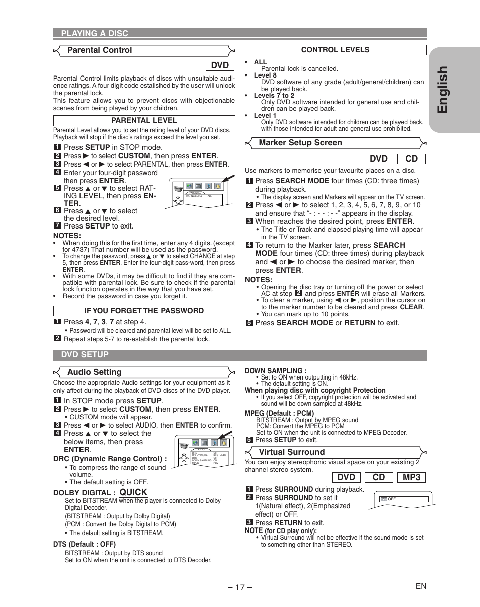 English, Mp3 cd dvd, Cd dvd | Quick | Hitachi DVP335E User Manual | Page 17 / 22
