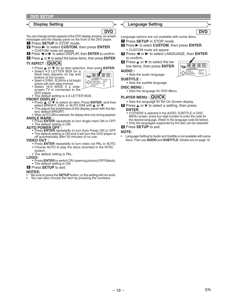 Quick, Display setting – 18, Dvd setup | Language setting | Hitachi DVP335E User Manual | Page 18 / 22