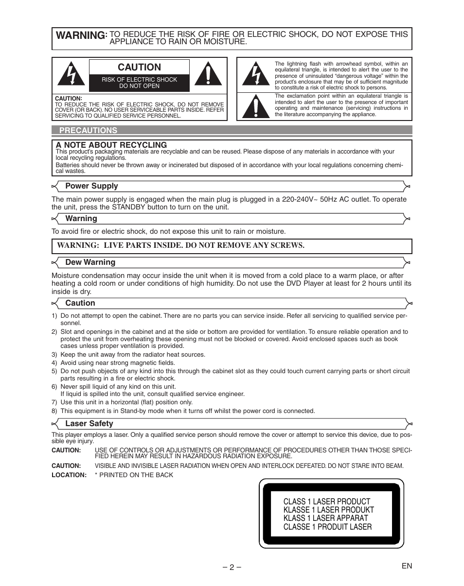 Warning, Caution | Hitachi DVP335E User Manual | Page 2 / 22