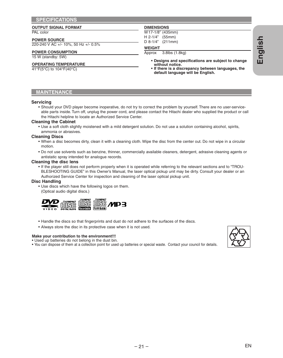 English | Hitachi DVP335E User Manual | Page 21 / 22