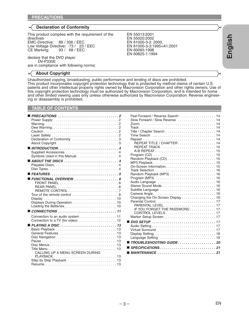 English | Hitachi DVP335E User Manual | Page 3 / 22