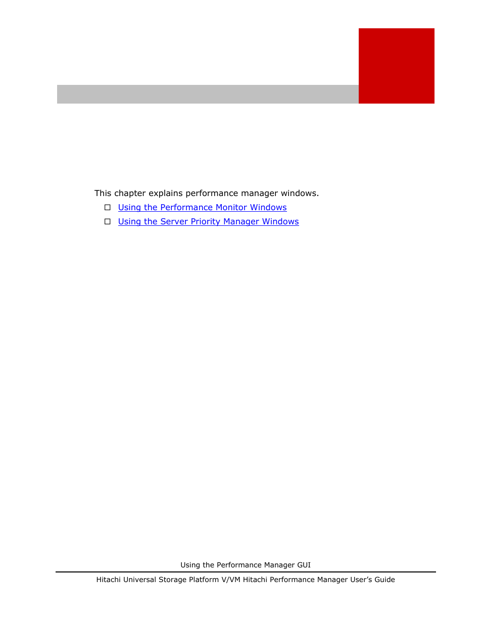 Using the performance manager gui, Using the performance manager gui -1, Chapter 4 - using the performance manager gui | Hitachi MK-96RD617-08 User Manual | Page 43 / 248
