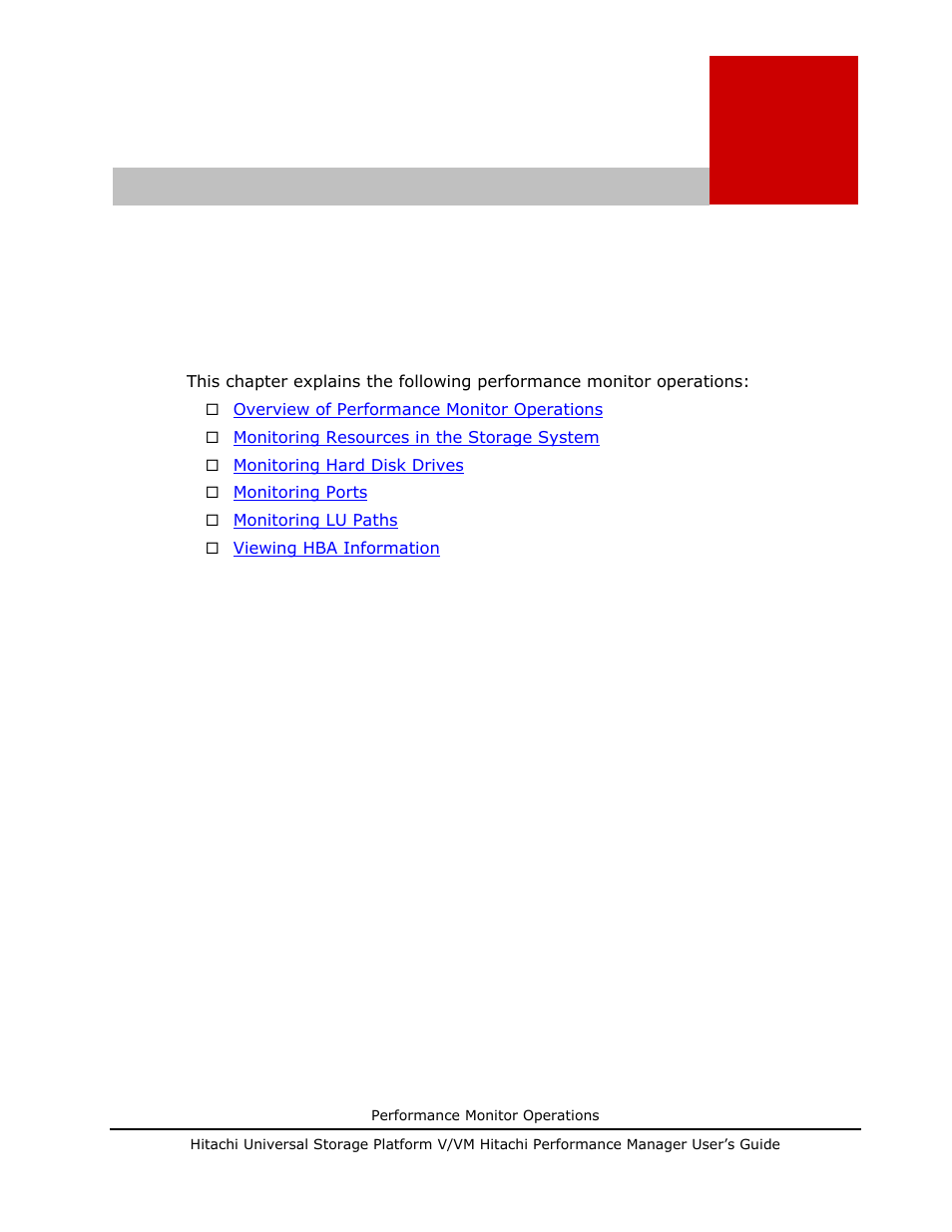Performance monitor operations, Performance monitor operations -1, Chapter 5 - performance monitor operations | Hitachi MK-96RD617-08 User Manual | Page 83 / 248