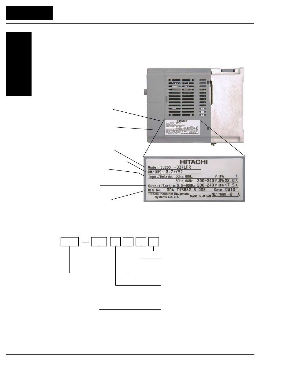 Inverter specifications label, Model number convention | Hitachi SJ200 Series User Manual | Page 23 / 276