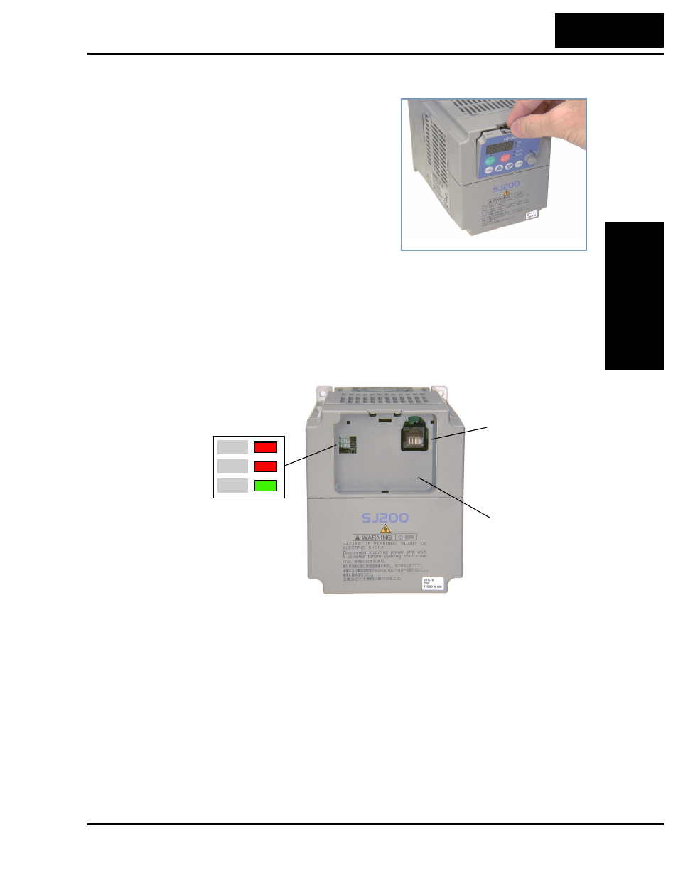 Inverter keypad removal and installation | Hitachi SJ200 Series User Manual | Page 41 / 276