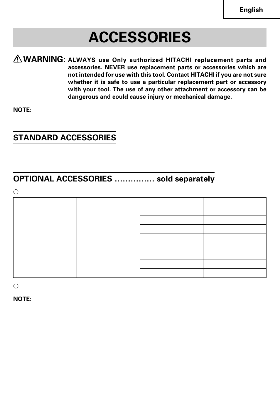 Accessories, Warning, Standard accessories | Optional accessories …………… sold separately | Hitachi SV 13YB User Manual | Page 15 / 44