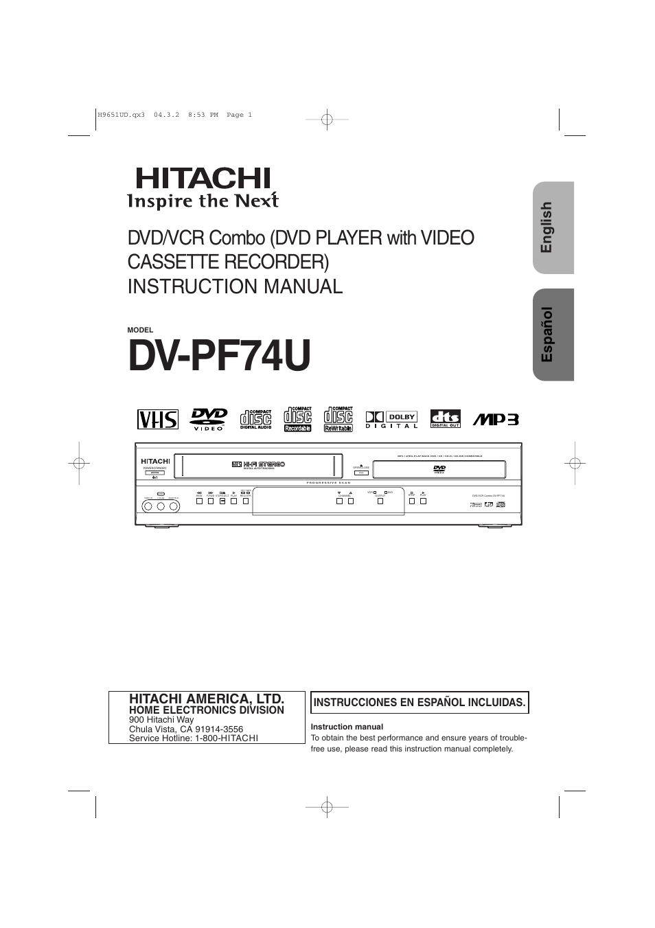 Hitachi DV PF74U User Manual | 44 pages