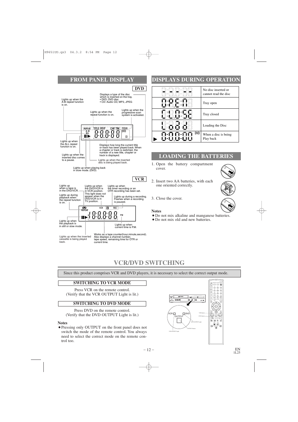 Vcr/dvd switching, Dvd vcr, Switching to vcr mode | Switching to dvd mode, Clear/c. reset, Do not mix alkaline and manganese batteries, Do not mix old and new batteries | Hitachi DV PF74U User Manual | Page 12 / 44