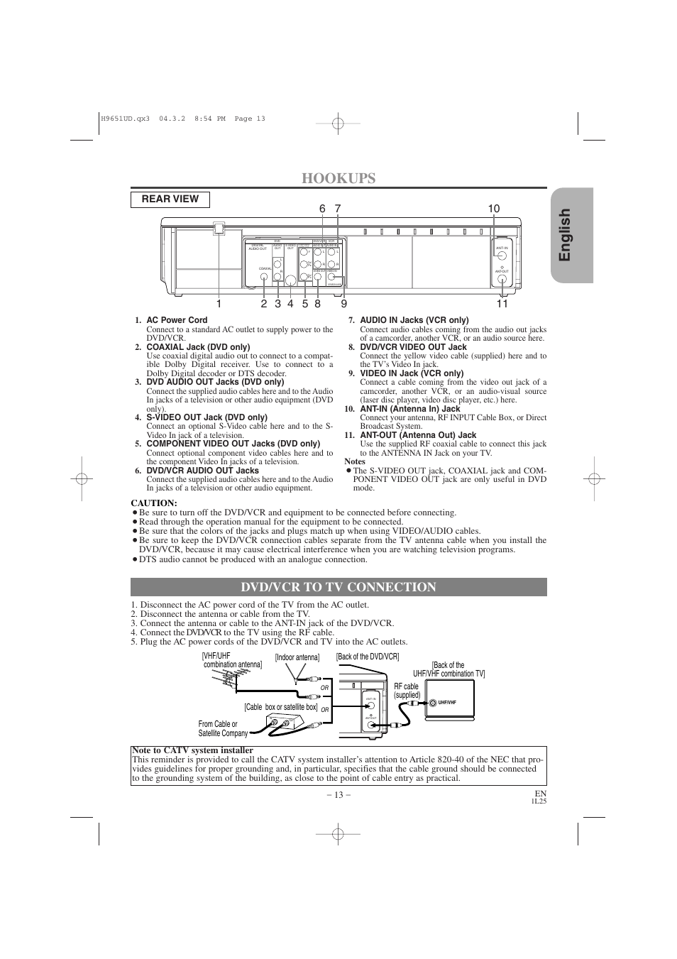 English, Hookups, Dvd/vcr to tv connection | Rear view, Caution | Hitachi DV PF74U User Manual | Page 13 / 44