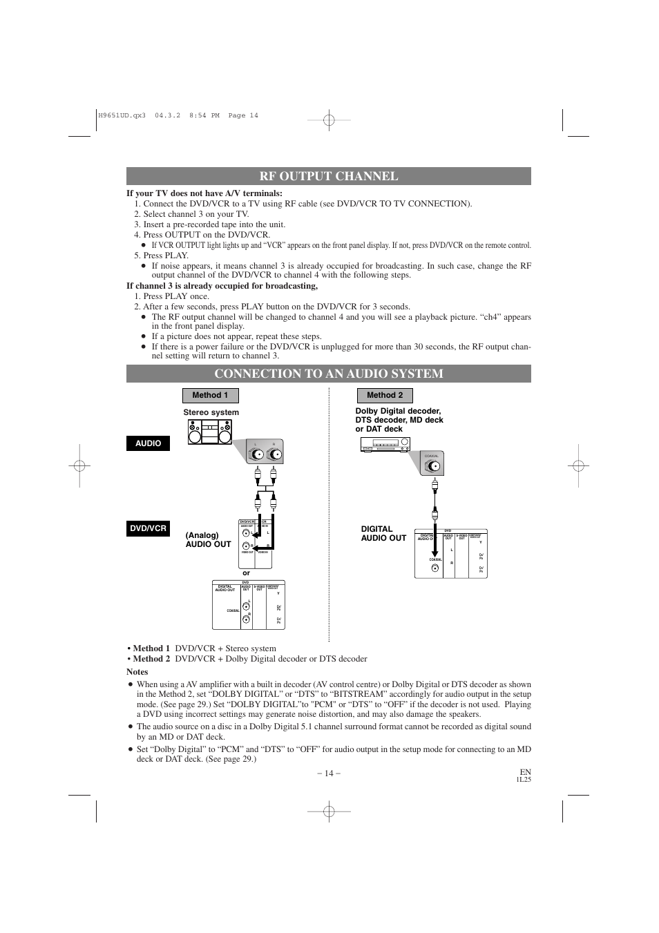 Rf output channel, Connection to an audio system, If a picture does not appear, repeat these steps | Stereo system | Hitachi DV PF74U User Manual | Page 14 / 44