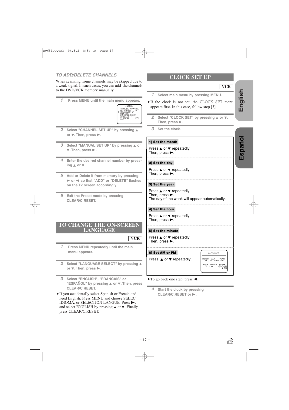 English español, Clock set up | Hitachi DV PF74U User Manual | Page 17 / 44