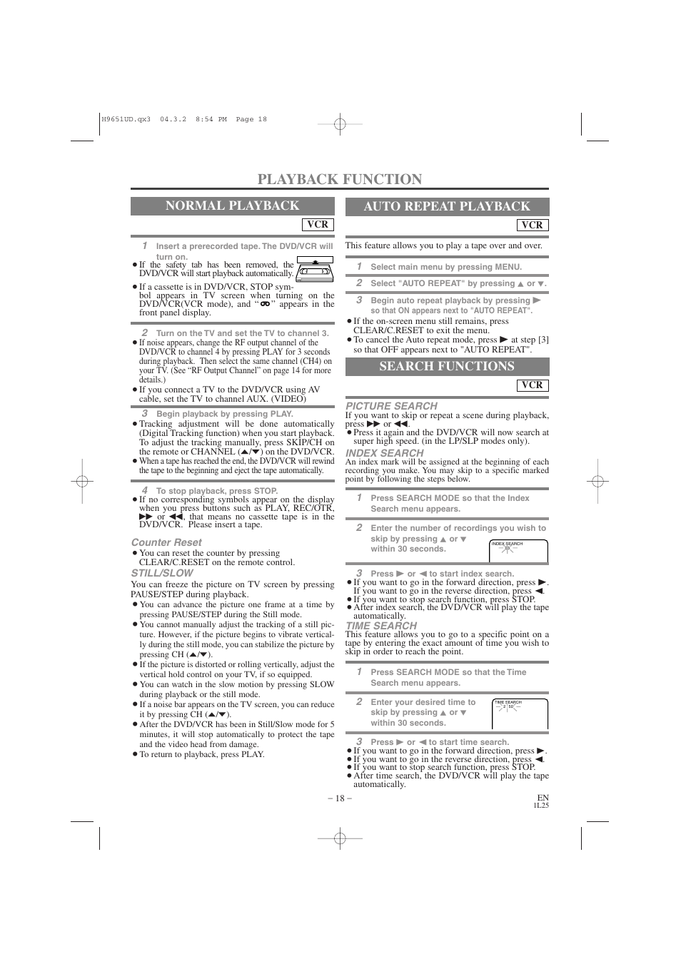 Playback function, Normal playback, Auto repeat playback | Search functions | Hitachi DV PF74U User Manual | Page 18 / 44