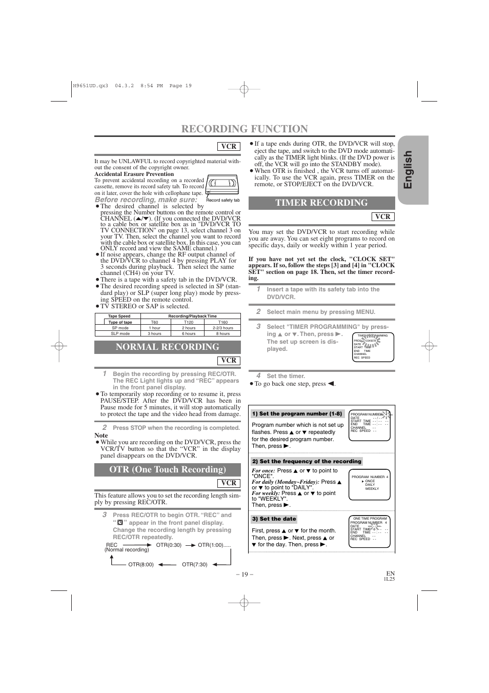 English recording function, Otr (one touch recording), Timer recording | Normal recording | Hitachi DV PF74U User Manual | Page 19 / 44