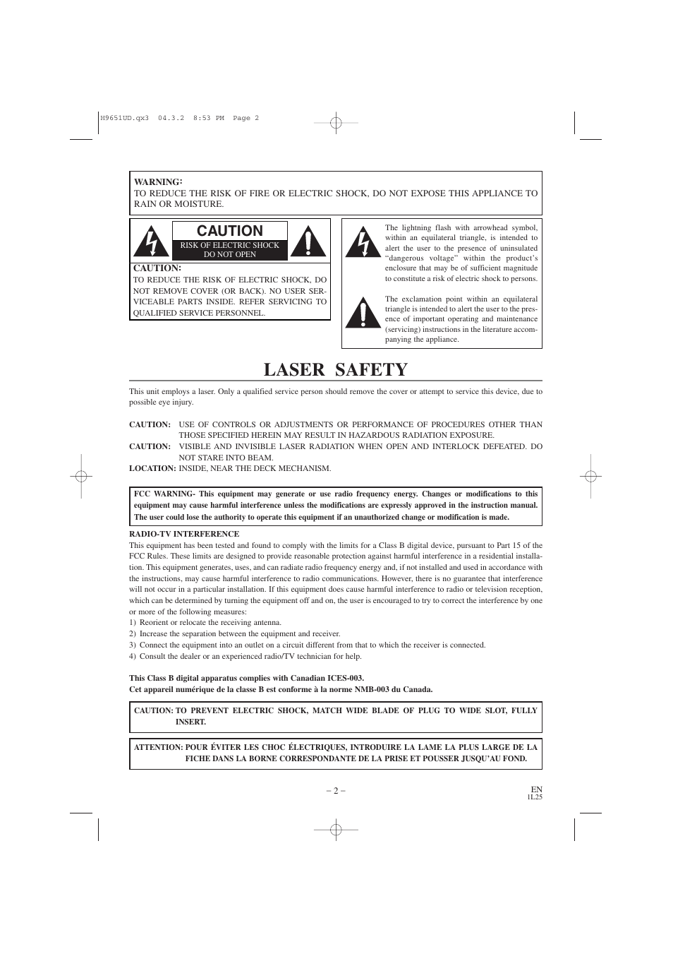 Laser safety, Caution | Hitachi DV PF74U User Manual | Page 2 / 44