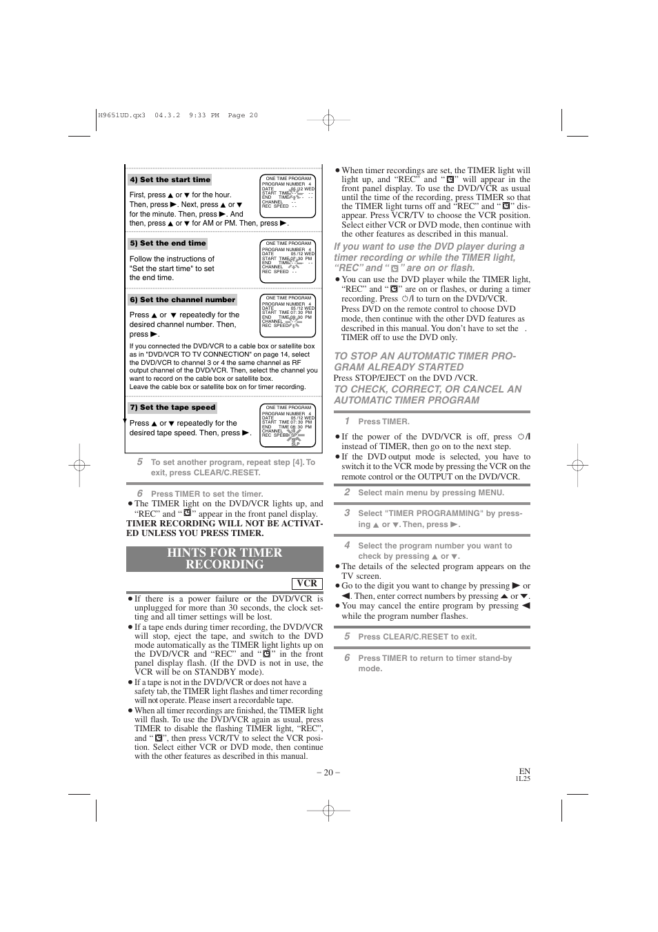 Hints for timer recording | Hitachi DV PF74U User Manual | Page 20 / 44