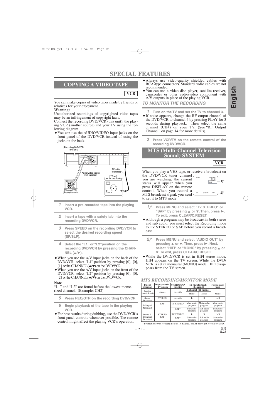 English, Special features, Copying a video tape | Mts (multi-channel television sound) system, Mts recording/monitor mode | Hitachi DV PF74U User Manual | Page 21 / 44