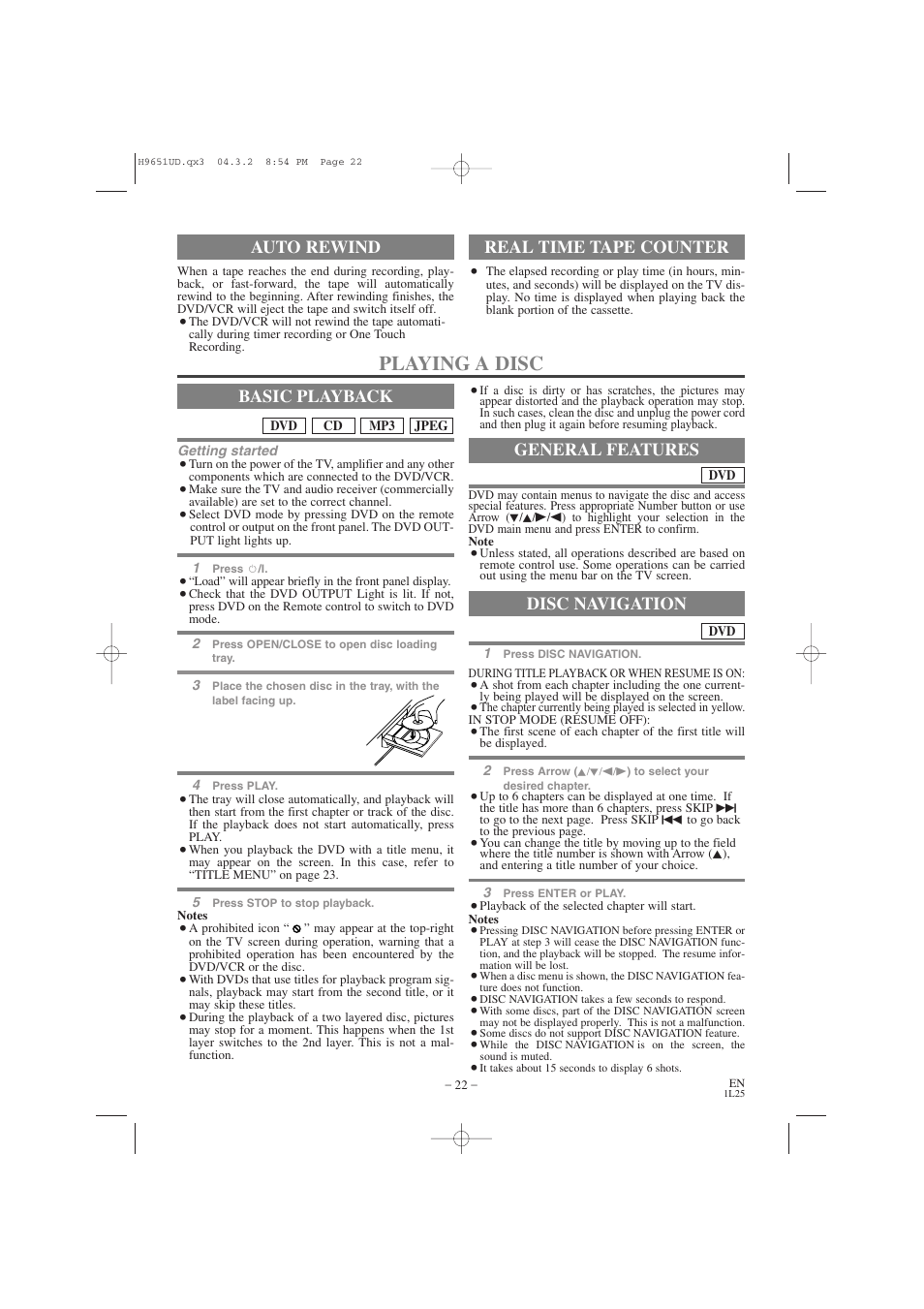 Playing a disc, Basic playback, Auto rewind | Real time tape counter, General features, Disc navigation | Hitachi DV PF74U User Manual | Page 22 / 44