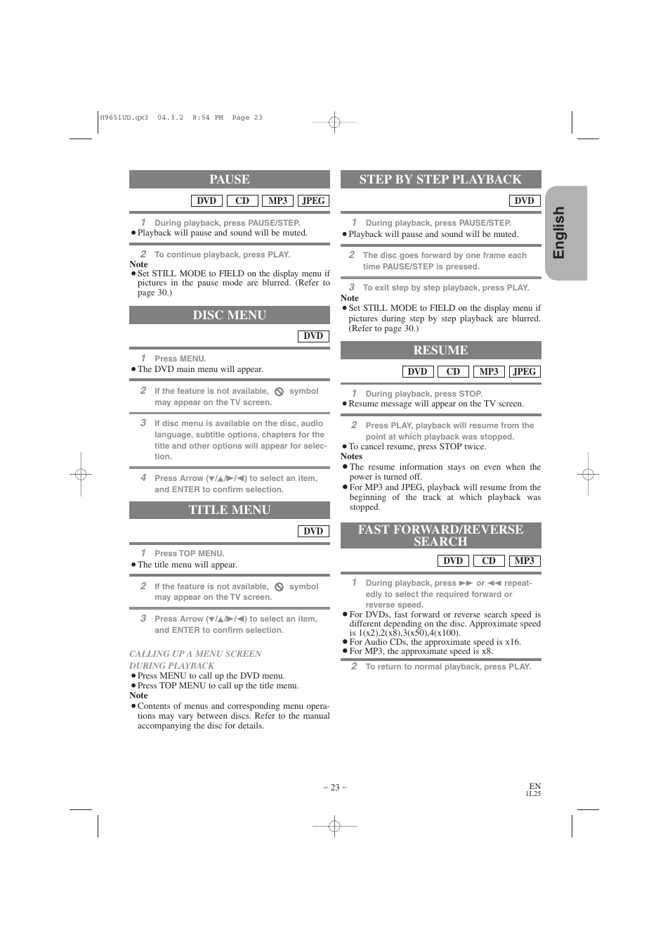 English, Title menu, Step by step playback | Resume, Disc menu, Fast forward/reverse search pause | Hitachi DV PF74U User Manual | Page 23 / 44