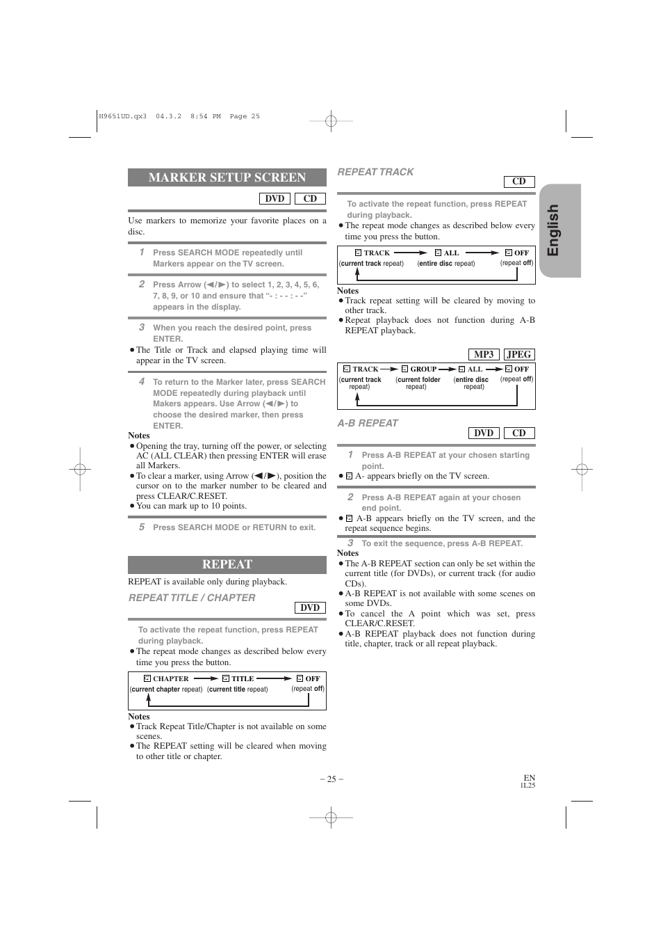 English, Marker setup screen, Repeat | Hitachi DV PF74U User Manual | Page 25 / 44