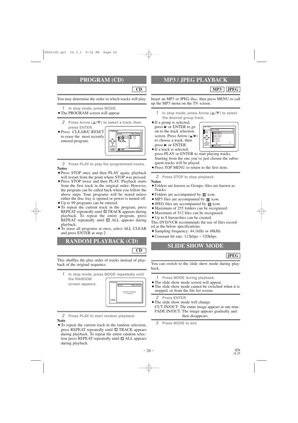 Random playback (cd) slide show mode, Mp3 / jpeg playback, Program (cd) | Hitachi DV PF74U User Manual | Page 26 / 44