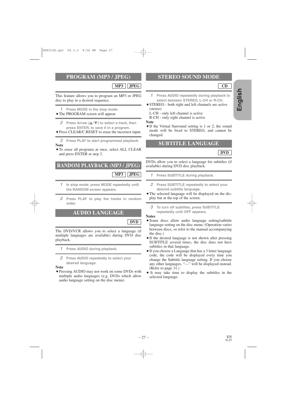 English, Random playback (mp3 / jpeg), Program (mp3 / jpeg) audio language | Stereo sound mode, Subtitle language | Hitachi DV PF74U User Manual | Page 27 / 44