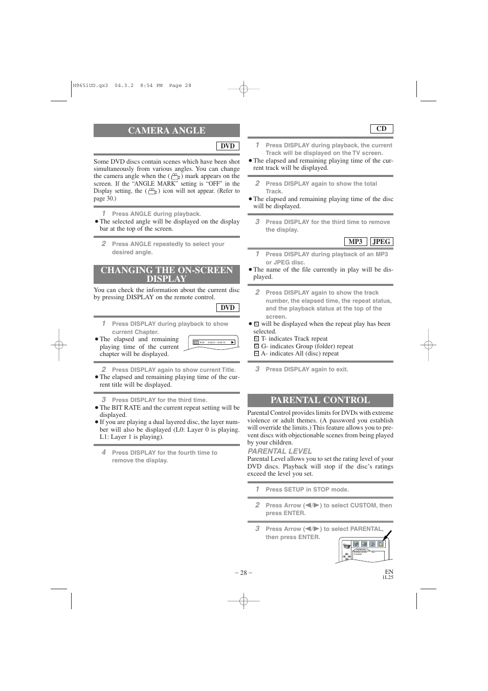 Changing the on-screen display, Camera angle, Parental control | Hitachi DV PF74U User Manual | Page 28 / 44